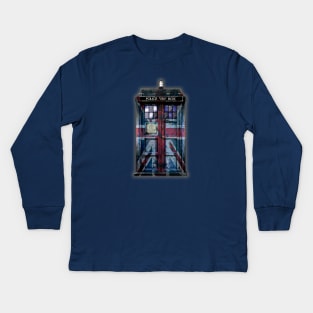 Blue Phone Booth with rustic british flag paint Kids Long Sleeve T-Shirt